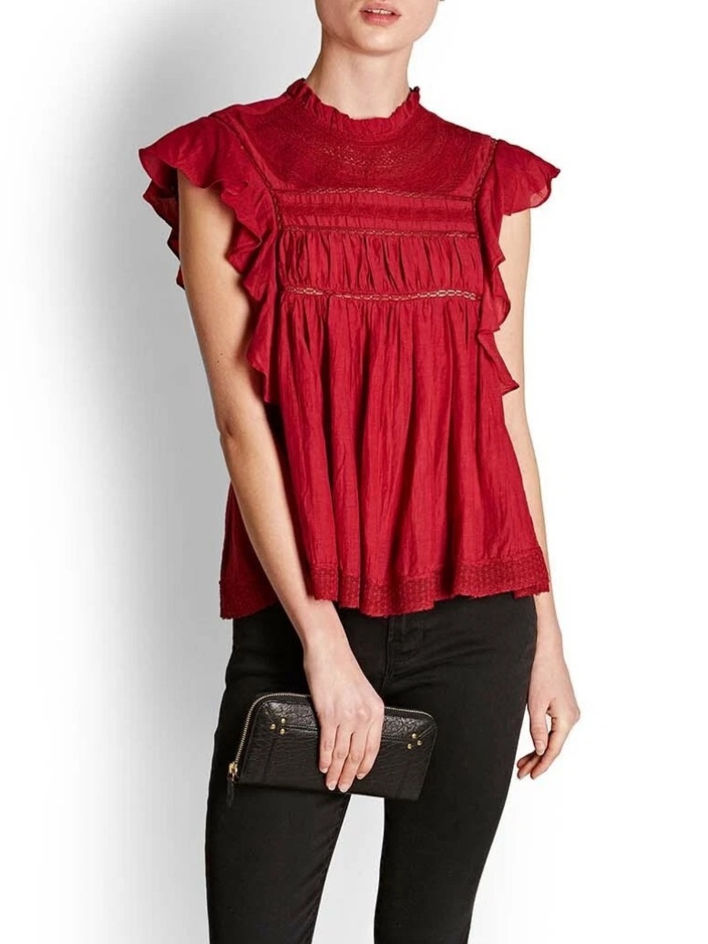 Isabel Marant Etoile Cotton Blouse Red Vivia Lace Embroidered Top Size 34/0